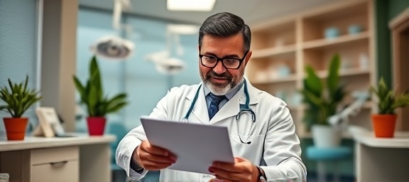 wealthy dentist at work, content, filling out forms, photorealistic, elegant office with potted plants, highly detailed, dental equipment in background, vibrant colors, overhead lighting, shot with a 24-70mm lens