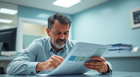 Distraught dental debtor, stressed expression, filling out financial forms, photorealistic, dental office front desk, highly detailed, reception area with computer and files, sharp clarity, light blues and white, fluorescent desk lighting, shot with a 28mm lens.