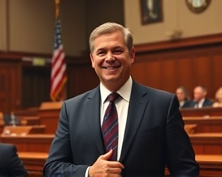 confident lawyer, triumphant smile, presenting an argument in court, photorealistic, with an American flag and rows of benches, highly detailed, jurors faintly visible, vibrant warm tones, strong overhead lighting, shot with a wide-angle lens