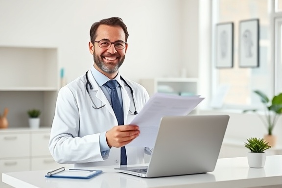 organized wealth dentist, pleased, holding charts, photorealistic, minimalist office with clean white walls, highly detailed, tidy desk with a laptop, pastel colors, bright natural light, shot with a 50mm lens