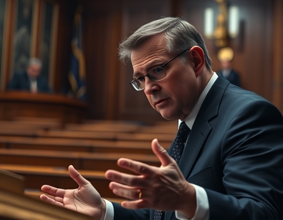 strategic divorce attorney, intense expression, arguing a case in court, photorealistic, courtroom scene with wooden benches, highly detailed, judge in the background, sharply defined, dark navy colors, spotlight from above, shot with a 70mm lens