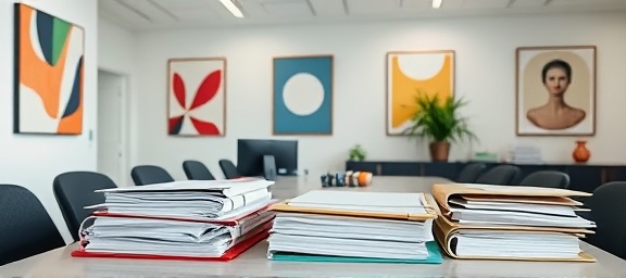 thoughtful asset plan, focused, organizing files, photorealistic, sleek office with abstract art on walls, highly detailed, folders and binders on a table, crisp clarity, cool daylight, shot with a 35mm lens