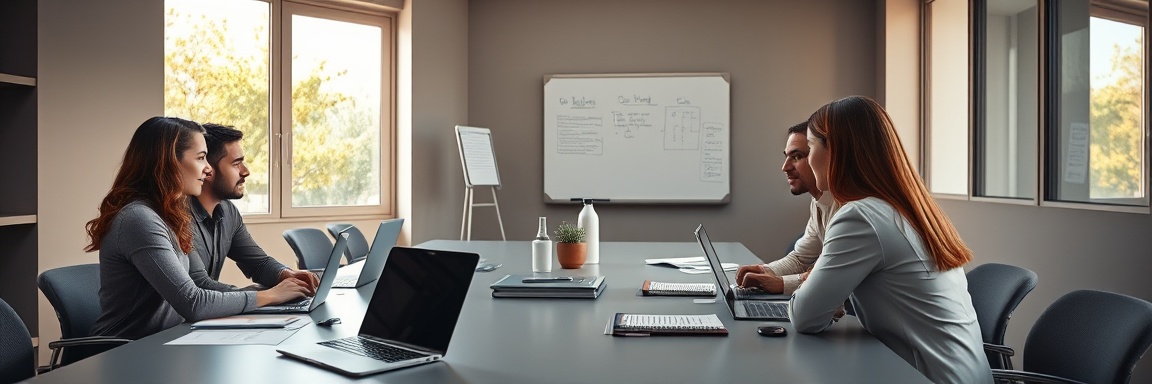 supportive legal services team, collaborative vibe, discussing a case together, photorealistic, meeting room with large table and whiteboard, highly detailed, laptops and notebooks, 4k resolution, cool grey, warm sunlight through windows, shot with a 35mm lens