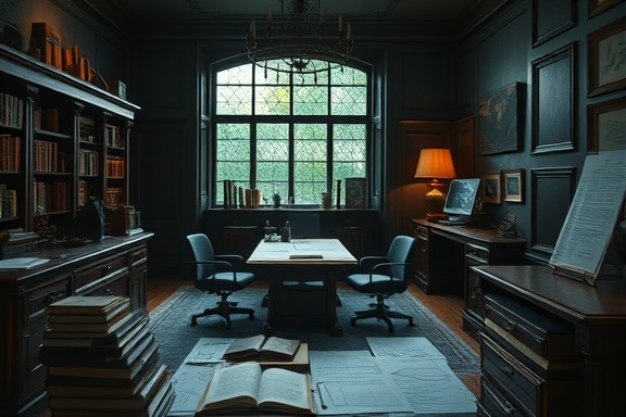 comprehensive estate dentist, meticulous, drafting plans, photorealistic, sophisticated office with dark wood furniture, highly detailed, old books and notes scattered, rich hues, moody lighting, shot with an 85mm lens