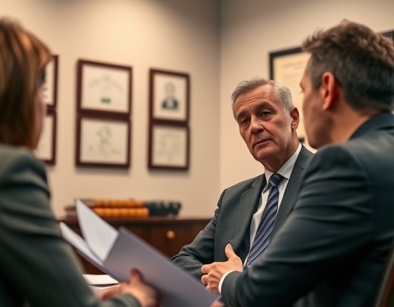 Experienced trusts attorney, thoughtful expression, discussing with a client, photorealistic, law firm's conference room with diplomas on the wall, highly detailed, client holding papers, 4K resolution, warm tones, ambient lighting, shot with a 35mm lens