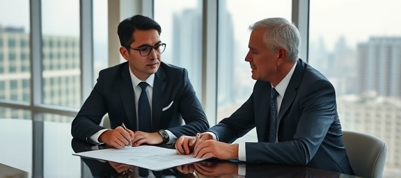 Trusts attorney and client, collaborative expression, reviewing trust agreement, photorealistic, spacious office with city view, highly detailed, agreement on table, 4K resolution, neutral palette, soft daylight, shot with a 35mm lens