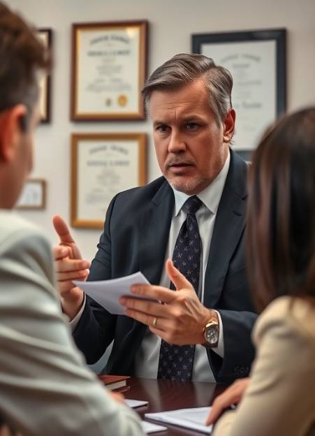 confident divorce lawyer, stern expression, explaining legal options to a client, photorealistic, office with certificates on the wall, highly detailed, client looking engaged, sharp focus, muted neutral tones, soft daylight, shot with an 85mm lens