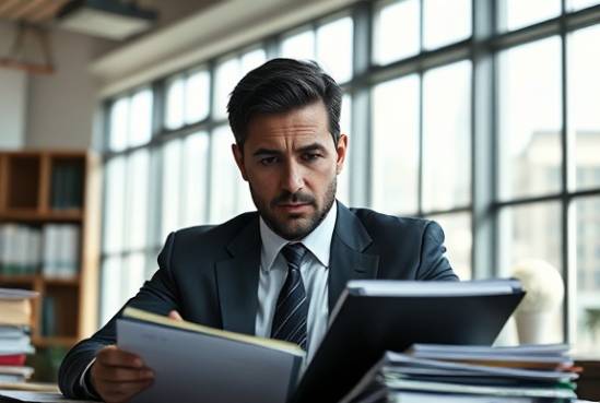 focused divorce lawyer, determined expression, studying case files, photorealistic, minimalist office with large windows, highly detailed, files neatly organized, high resolution, dark suits, natural sunlight, shot with a 50mm lens