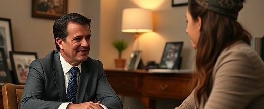 empathetic divorce attorney, comforting expression, listening intently to a client, photorealistic, cozy office with family photos, highly detailed, tissues on the table, crisp image, warm tones, diffused lighting, shot with a 35mm lens