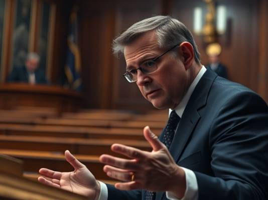 strategic divorce attorney, intense expression, arguing a case in court, photorealistic, courtroom scene with wooden benches, highly detailed, judge in the background, sharply defined, dark navy colors, spotlight from above, shot with a 70mm lens
