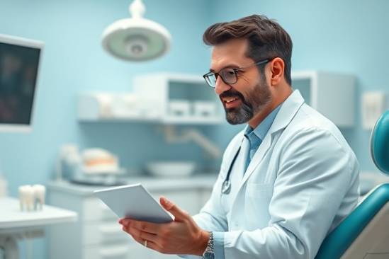 expert legal dentist, relaxed demeanor, giving dental advice to a patient, photorealistic, bright and clean dental office, highly detailed, dental tools and models, 4k resolution, light blue, clinical lighting, shot with a 50mm lens