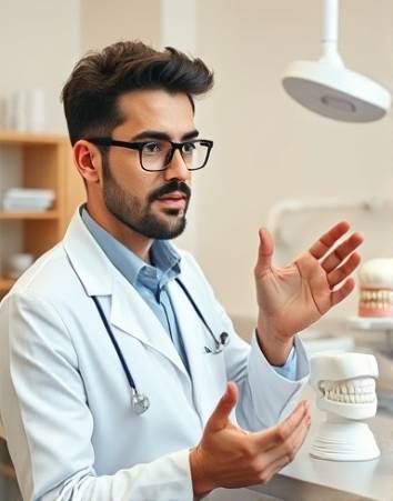 young dentist talking legal issues, focused, explaining dentist regulations, photorealistic, dental office with legal files and dental models, highly detailed, illustrating with hand gestures, highly detailed and clear, neutral beige and white, soft box lighting, shot with a 35mm lens