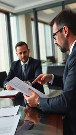 legal consultation in progress, intense, evaluating case details, photorealistic, modern law office with conference table and legal pads, highly detailed, pointing at document, very clear, professional blacks and grays, overhead lighting, shot with a 50mm lens