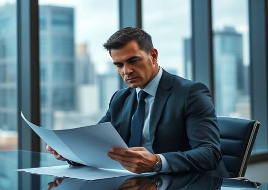 business law consultant, serious, reviewing documents, photorealistic, corporate office with large windows and cityscape view, highly detailed, looking at client, tack sharp, cool grays and blues, backlit, shot with an 85mm lens