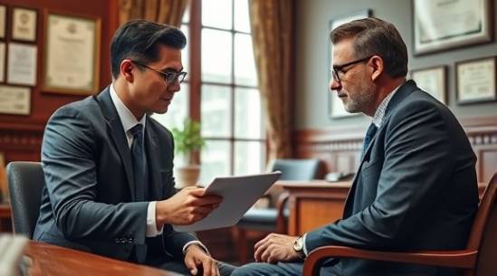 young lawyer consulting dentist, engaged, explaining dental law, photorealistic, traditional office with wooden furniture and legal certificates, highly detailed, leaning forward, impeccable detail, warm browns and greens, natural light through window, shot with a 85mm lens