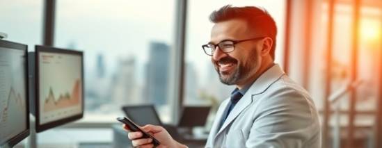 successful dentist wealth, satisfied, reviewing portfolios, photorealistic, modern office with cityscape view, highly detailed, financial charts on screens, bokeh effect, warm tones, soft ambient lighting