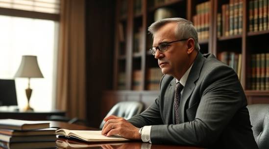 experienced trusts lawyer, thoughtful look, consulting with clients, photorealistic, well-furnished law firm conference room, highly detailed, books and legal files, 4k resolution, dark wood, warm indoor lighting, shot with a 50mm lens