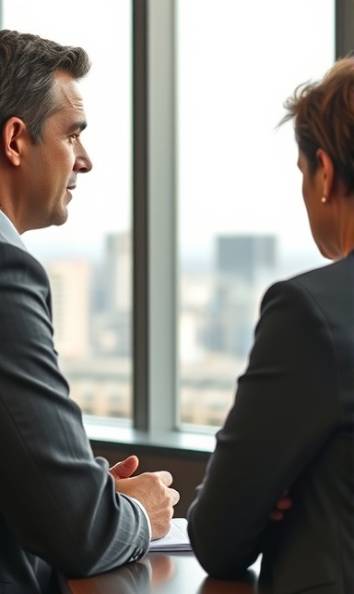 calm attorney, reassuring, speaking to injured client, photorealistic, modern office setting with a view of the city, highly detailed, slight movement in dialogue, 8k resolution, warm tones, soft lighting, shot with a 35mm lens