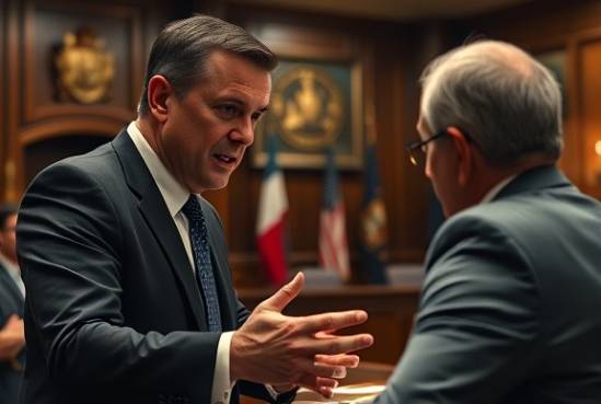 determined injury lawyer, passionate, cross-examining witness, photorealistic, courtroom interior with flags and insignia, highly detailed, intense eye contact, 8k resolution, deep colors, spotlight lighting, shot with a 70mm lens