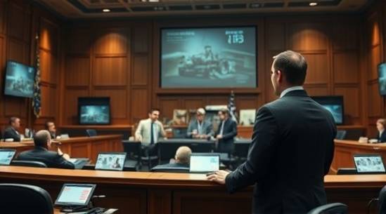 experienced accident lawyer, persuasive, showing accident reenactment, photorealistic, courtroom with digital screens and exhibits, highly detailed, animated visuals, 12k resolution, formal colors, balanced lighting, shot with a 50mm lens