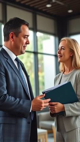 Knowledgeable asset protection attorney, reassuring expression, consulting with a couple, photorealistic, comfortable meeting room with large windows, highly detailed, couple holding folders, 4K resolution, subdued colors, natural sunlight, shot with a 50mm lens