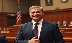 confident lawyer, triumphant smile, presenting an argument in court, photorealistic, with an American flag and rows of benches, highly detailed, jurors faintly visible, vibrant warm tones, strong overhead lighting, shot with a wide-angle lens