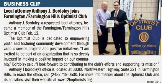 News article for Anthony J. Bordoley announcing he joined the Farmington Hills Optimist Club